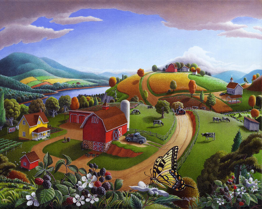 900x720 Folk Art Blackberry Patch Rural Country Farm Landscape Painting - Farm Landscape Painting