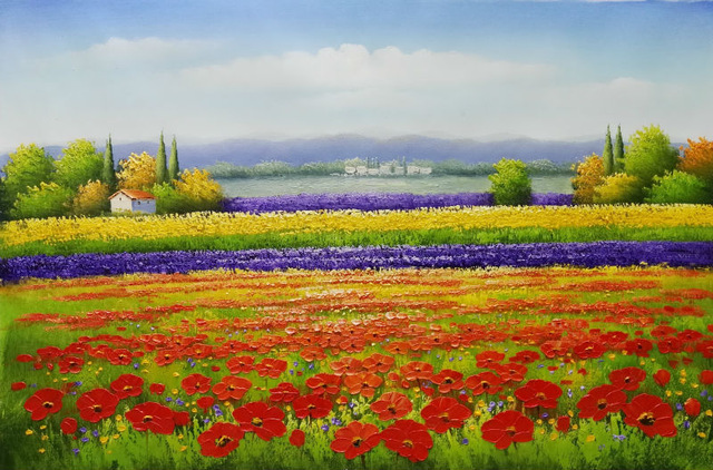 640x422 Handpainted Flower Oil Canvas Painting Beautiful Red Flower Farm - Farm Landscape Painting