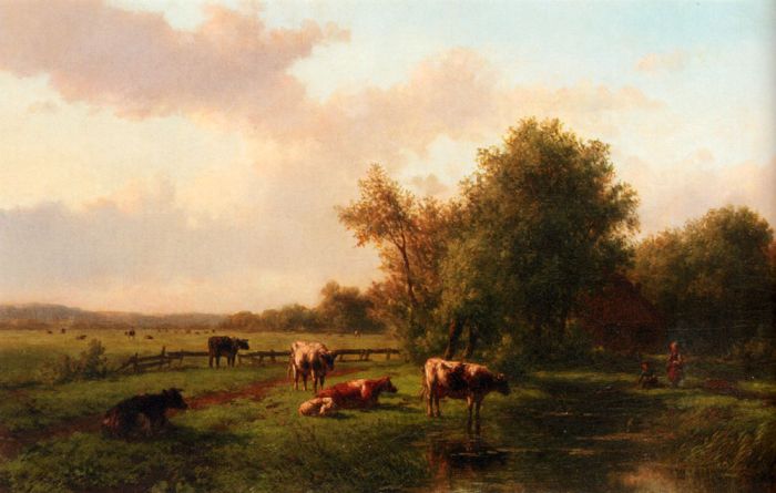 700x445 A Landscape With Cows On A Riverbank, A Farm Beyond - Farm Landscape Painting