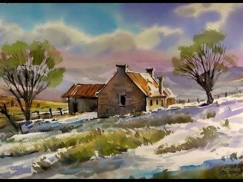 480x360 Watercolor Landscape Painting Winter Farm - Farm Landscape Painting