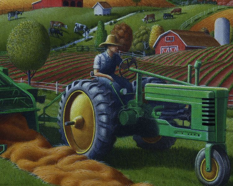 750x600 Country Farm Life Tractor Baling Hay Americana Folk Art Oil - Farm Tractor Painting