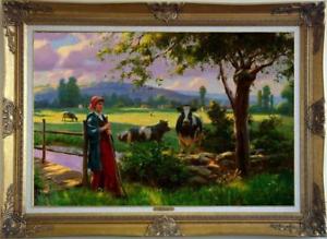 300x219 Old Master Art Antique Oil Painting Village Farmer Work Milk - Farmer Painting Images
