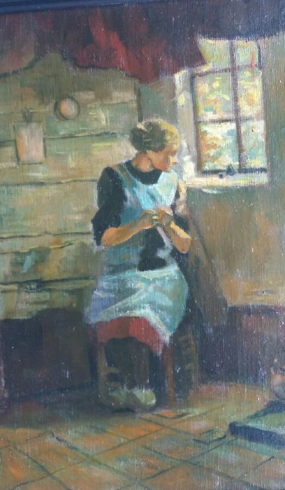 408x700 Unknown (20th Century) . Farm Girl Knitting - Farmgirl Painting