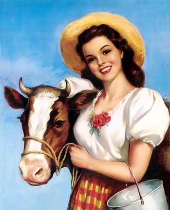 349x432 Vintage Farm Girl With Calf Canvas Art Print - Farmgirl Painting