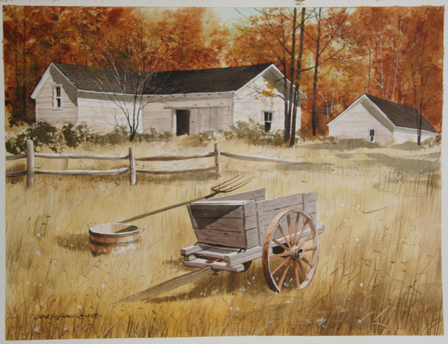 640x492 James Feriola Farmhouse In Autumn Watercolor Painting - Farmhouse Painting