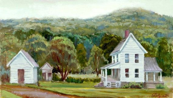 570x324 White Clapboard Farmhouse White Farmhouse, Print Of Original Oil - Farmhouse Painting