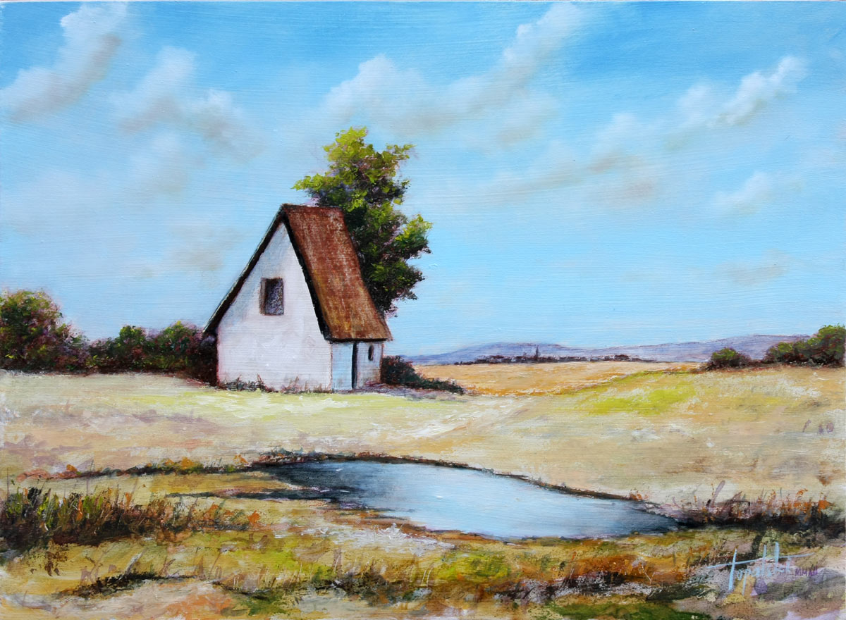 1200x880 Blue Farm House Oil Painting Fine Arts Gallery - Farmhouse Painting