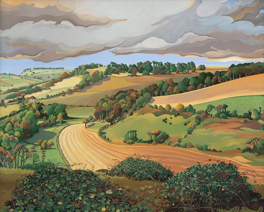900x725 From Solsbury Hill Painting By Anna Teasdale - Farmland Painting