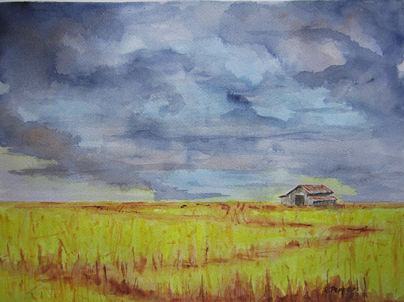 570x427 Farmland Print Of Original Watercolor Painting Landscape - Farmland Painting