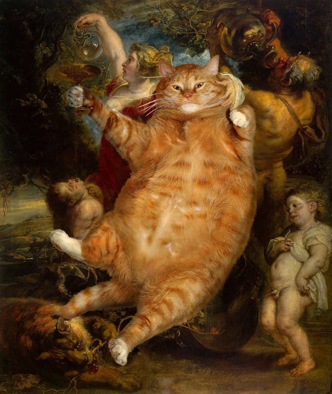 674x800 Fatcatart Great Artists' Mews Thank Bacchus It's Friday! - Fat Cat Painting