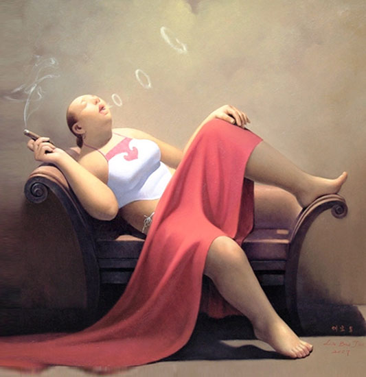 533x550 Hand Painted Oil Painting Art Chinese Smoking Fat Woman Chinese - Fat Girl Painting