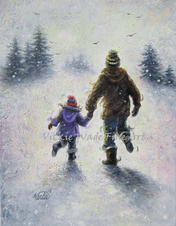 570x732 Father Daughter Snow Original Painting Dad And Daughter Wall - Father And Daughter Painting