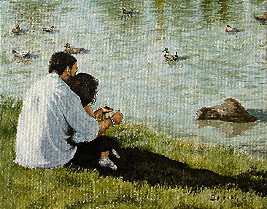 900x703 Feeding Ducks With My Daddy Painting By Al Molina - Father And Daughter Painting