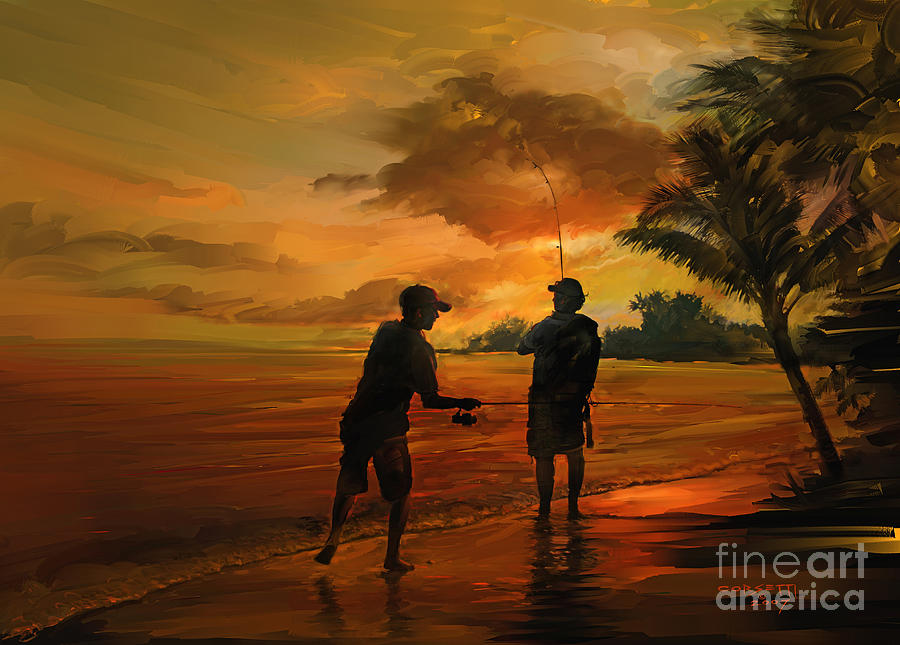 900x645 Father And Son Fishing Painting By Rob Corsetti - Father And Son Painting