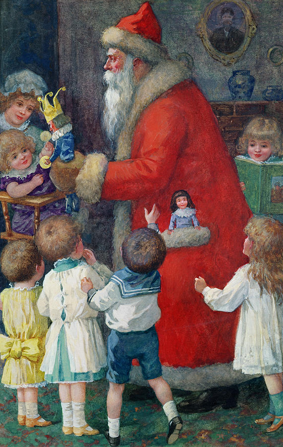 570x900 Father Christmas With Children Painting By Karl Roger - Father Christmas Painting