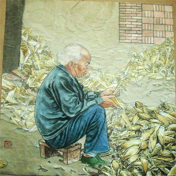 599x600 Father Is Husking Corn Original Chinese Painting Wall Art - Father Painting