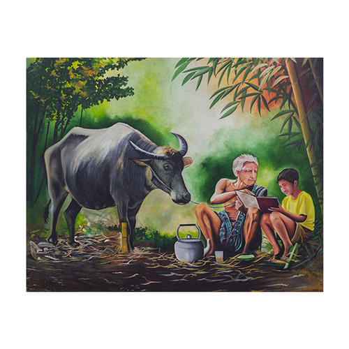 500x500 Yellow And Green Canvas Village Father Son Painting, Rs 9999 - Father Son Painting