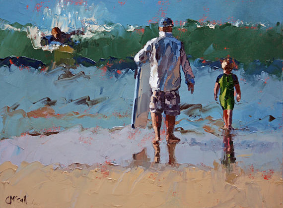 570x420 Coastal Home Decor Art Print Father Son Surfing Giclee - Father Son Painting