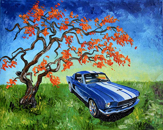 627x500 1960's Blue Ford Mustang, Original Oil Painting, 1966 - Fathers Day Painting