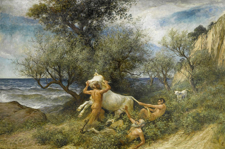 900x598 Three Faun With Cow And Calf Painting By Rudolf Koller - Faun Painting
