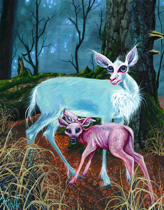 570x730 Rw2 Original Fawn Painting Surreal Two Headed Deer Lowbrow - Fawn Painting