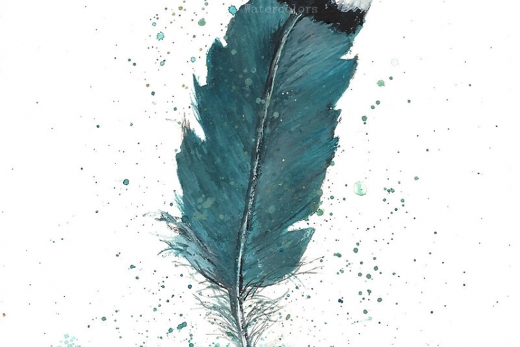 745x497 Original Watercolor Feather Study, Turquoise Feather, Original - Feather Painting