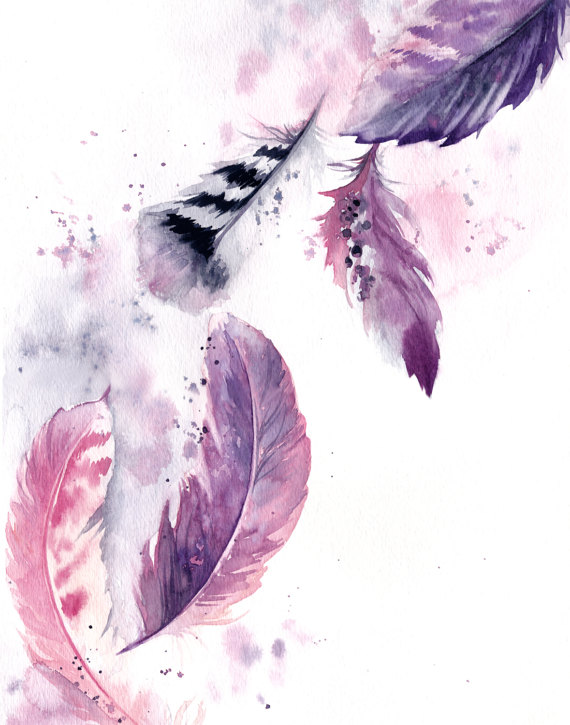 570x725 Purple Feathers Original Watercolor Painting Painting - Feather Painting