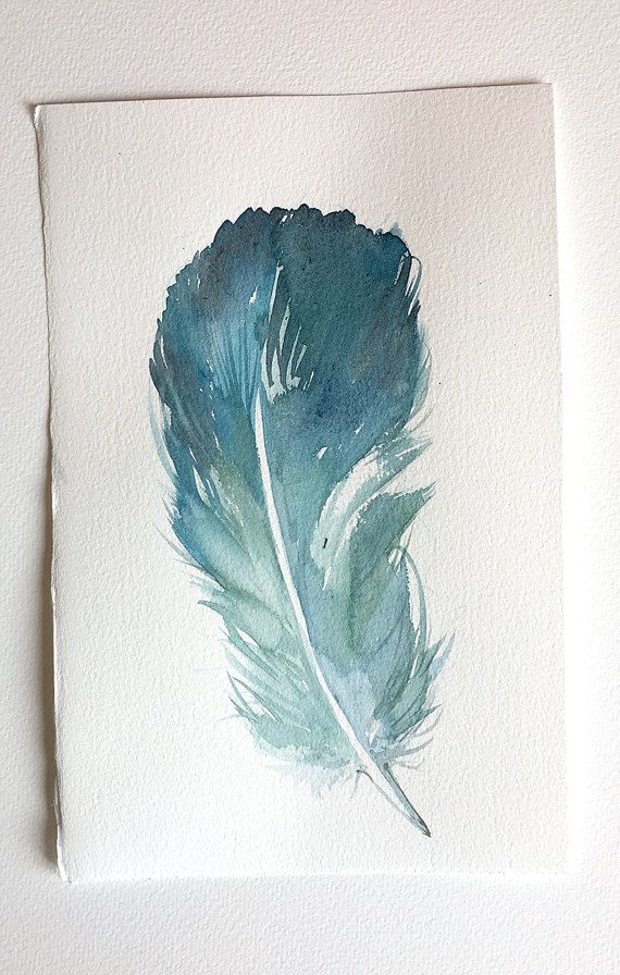570x896 Teal Blue Feather Illustration, Watercolour Painting Original 7,5 - Feather Painting Art