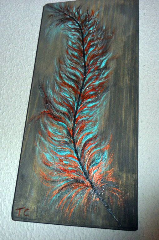 508x767 Feather Painting, Turquoise Copper Metallic, Feather Art On Wood - Feather Painting On Canvas