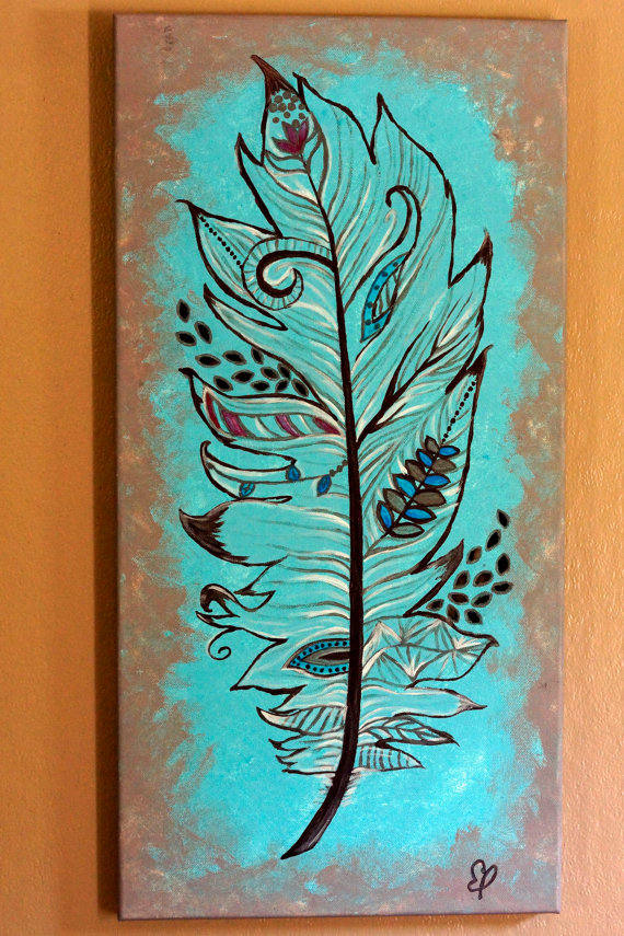 570x855 Items Similar To Feather Canvas Painting With Cut Out Details On Etsy - Feather Painting On Canvas