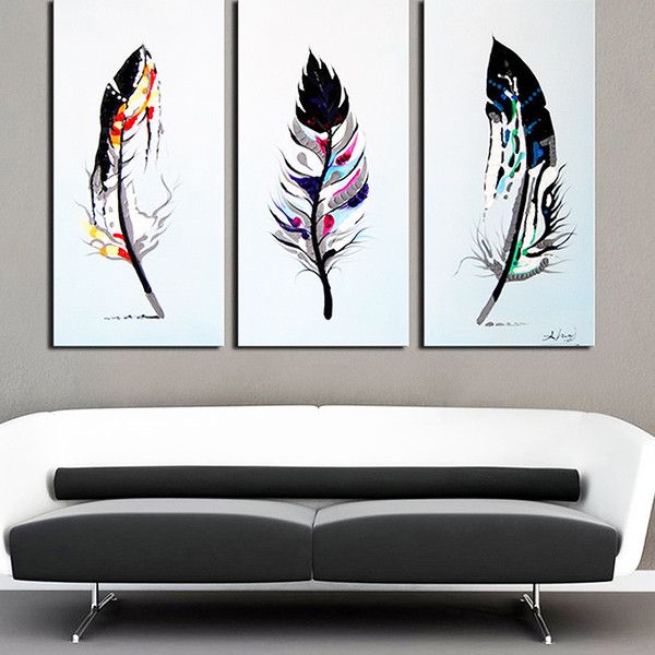 600x600 Design Art Feathers' 3 Piece Hand Painted Oil On Canvas - Feather Painting On Canvas