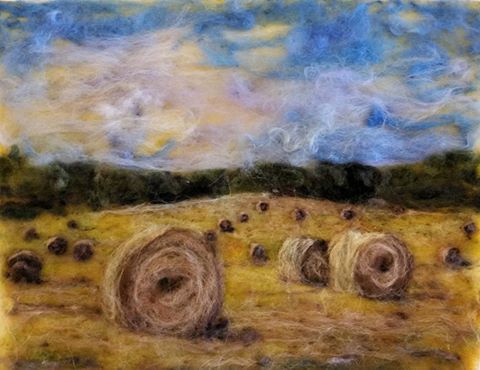 480x370 Summer Hay Bales, Needle Felt Painting 11by14 Hay - Felt Painting