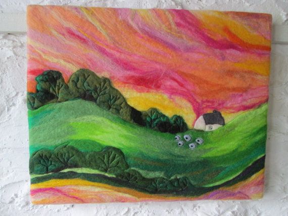 570x428 Textile Art, Handmade Felt Painting, Felt Wall Art, Pink Sky, 20 X - Felt Painting Art