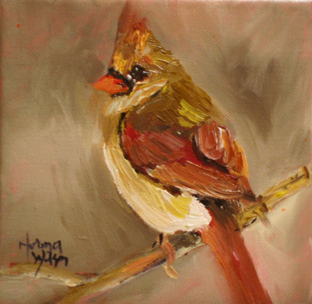 1000x974 Norma Wilson Original Oil Female Cardinal Bird Painting Art By - Female Cardinal Painting