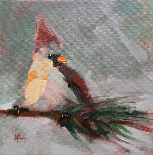 500x507 Winter Female Cardinal Painting Angela Moulton's Painting A Day - Female Cardinal Painting