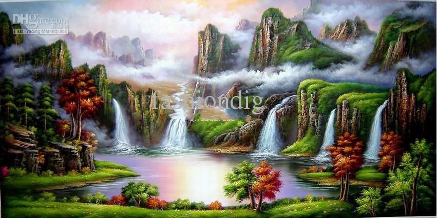851x425 2018 Feng Shui Oil Painting Canvas Mountain Fortune Basin Green - Feng Shui Painting