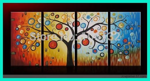520x280 Framed 4 Panel Large Money Tree Wall Art Chinese Oil Painting Feng - Feng Shui Painting