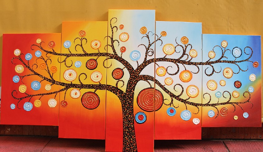 845x489 Framed 5 Panel Large Canvas Painting Money Tree Wall Picture Feng - Feng Shui Painting