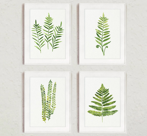 570x528 Fern Painting Green Abstract Leaf Watercolor Print Set Of 4 - Fern Painting