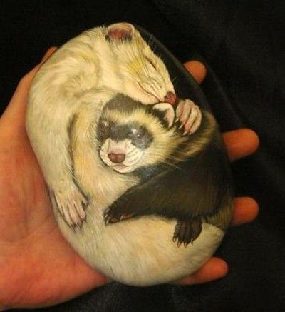 400x437 Solid As A Rock Ferret Pair Hand Painted River Rock Painting By - Ferret Painting