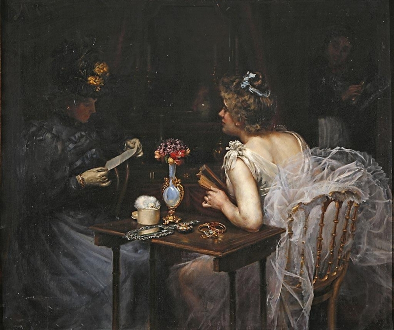 800x670 Women Reading Painting Manuel Cusi Y Ferret Oil Paintings - Ferret Painting