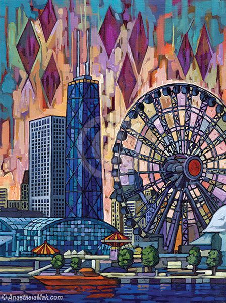 448x600 Navy Pier Ferris Wheel Painting - Ferris Wheel Painting