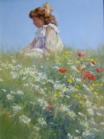 351x470 Girl In A Field Of Daisies By Dianne Flynn On Artnet - Field Of Daisies Painting