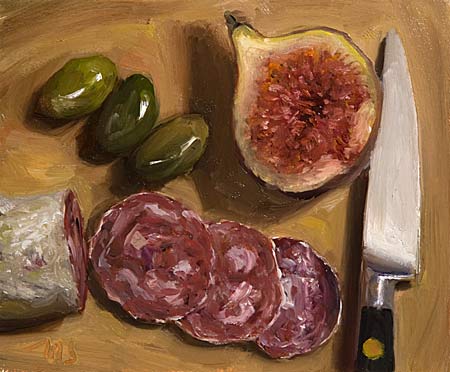 450x372 Daily Paintings Fig Half, Saucisson, Knife And Olives Postcard - Fig Painting