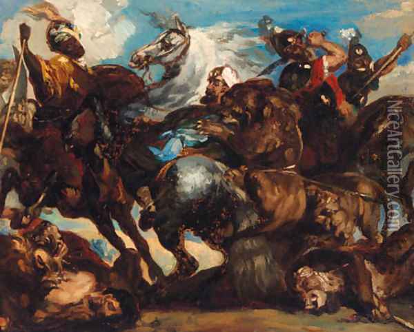 600x482 The Lion Fight Oil Painting Reproduction By Eugene Delacroix - Fight Painting