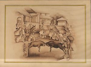300x219 Indian Miniature Goat Fighting Painting Art Hand Painted Decor - Fighting Cows Painting