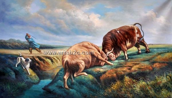 600x343 Two Fighting Cattle Oil Painting Op Cl4 134 - Fighting Cows Painting