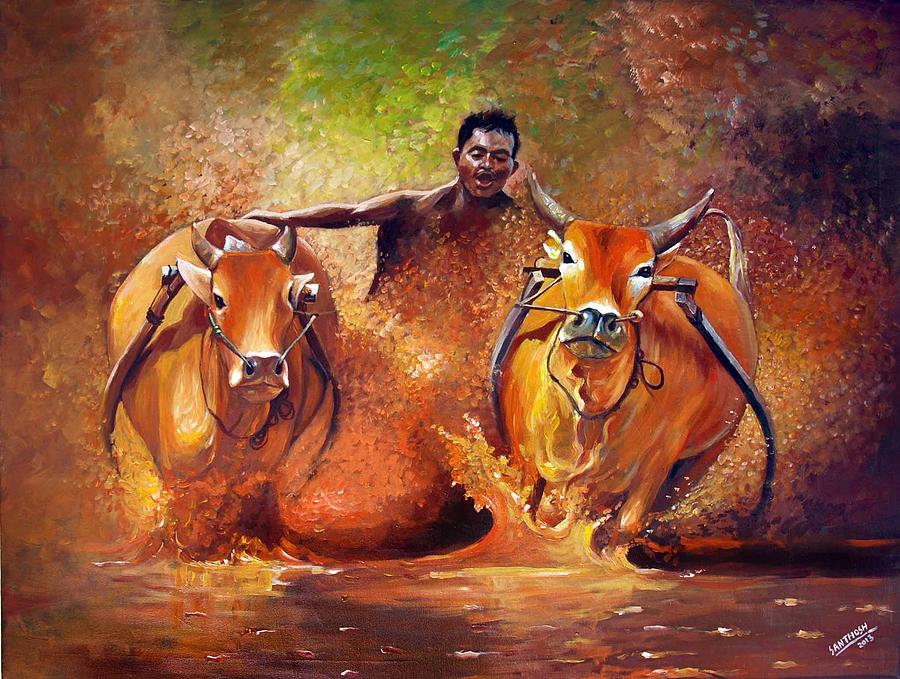 900x679 Bull Race Painting By Santhosh Poruvazhy - Fighting Cows Painting