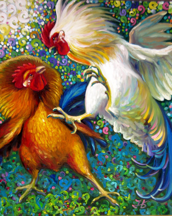 570x717 Fighting Roosters Original Oil Painting Nadia Bykova Garden - Fighting Rooster Painting
