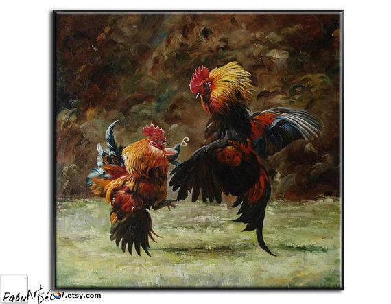 570x443 Original Oil Painting Large Wall Art Animal Oil Painting Animal - Fighting Rooster Painting